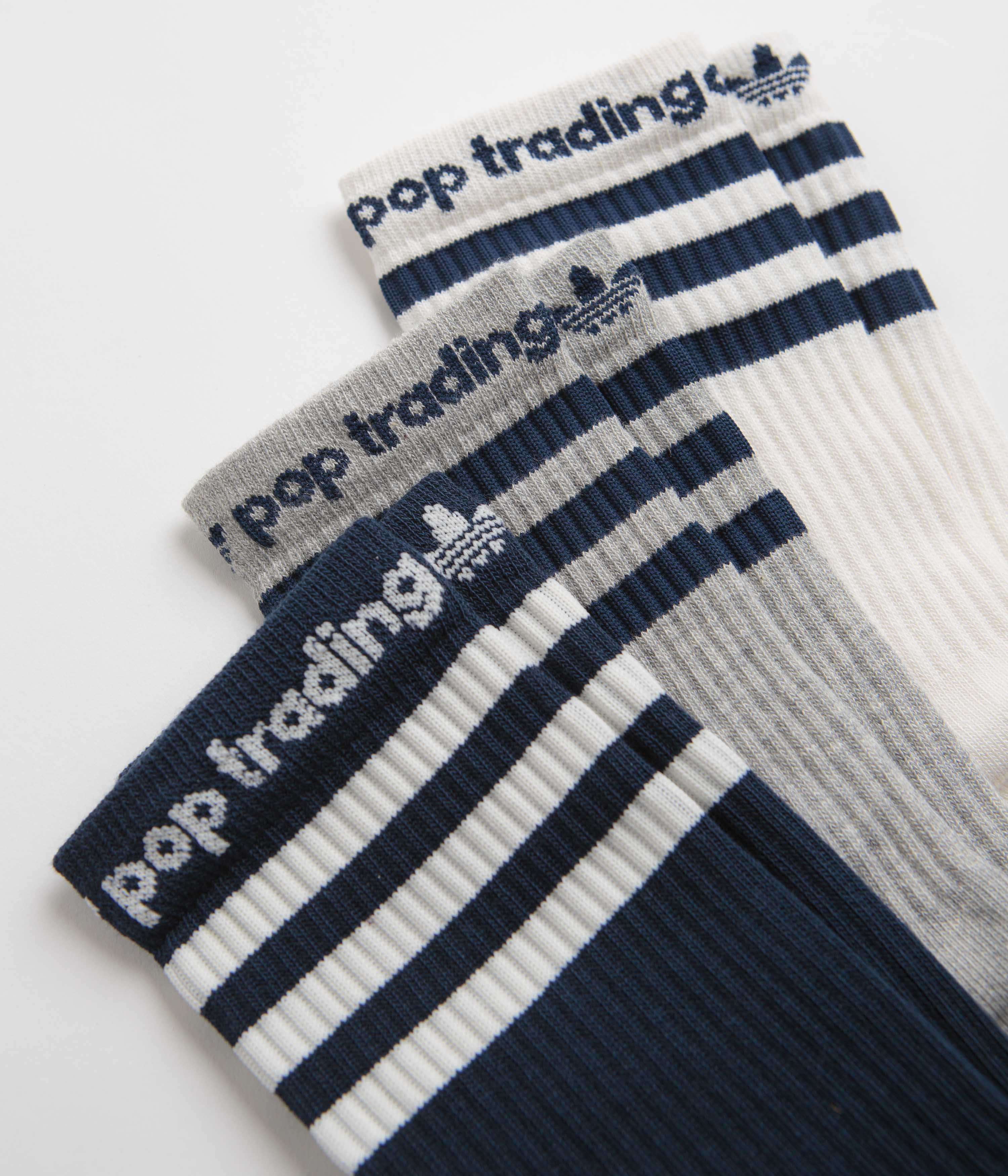 Adidas x Pop Trading Company Crew Socks (3 Pack) - Medium Grey Heather / Collegiate Navy / Chalk White - Image 2