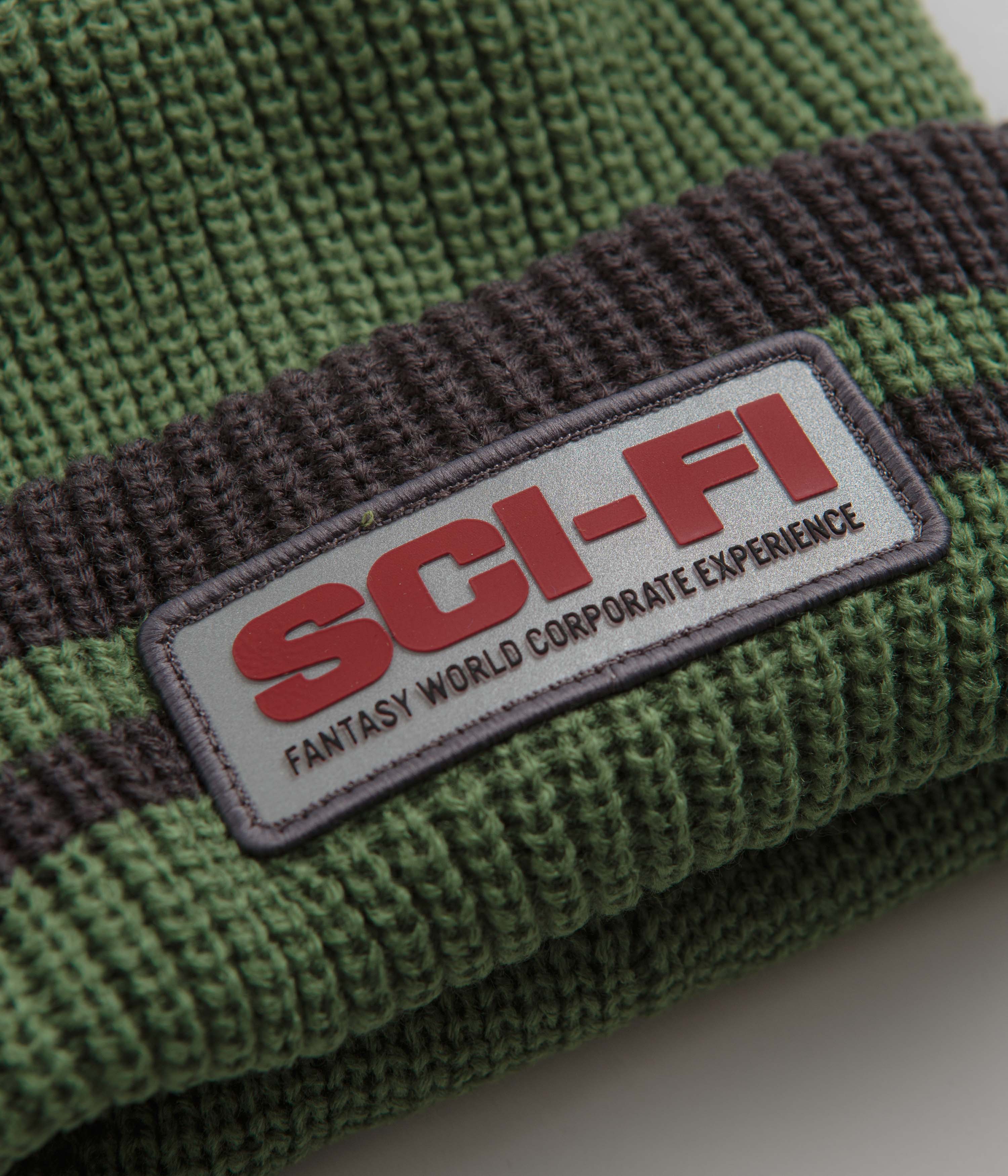 Sci-Fi Fantasy Reflective Patch Beanie - Olive / Grey - Image 2